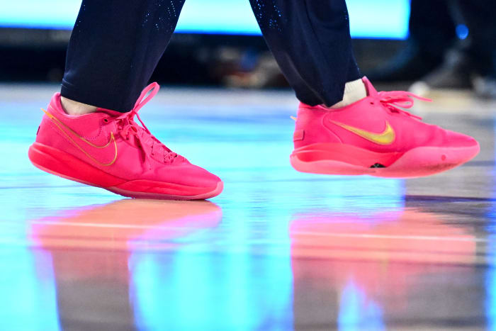 View of pink Nike LeBron shoes.